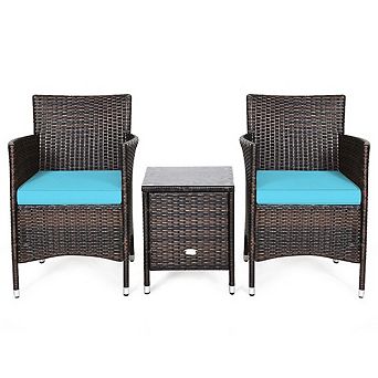3 pc Patio Conversation Set, 23.5 Inch Ergonomic Rattan Chairs & Table for Balcony