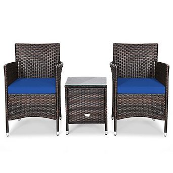 3 pc Patio Conversation Set, 23.5 Inch Ergonomic Rattan Chairs & Table for Balcony