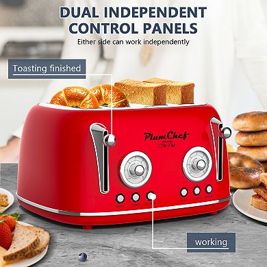 4 Slice Retro Toaster 13.7 Inch, Stainless Steel Dual Control Bagel Defrost For Kitchen