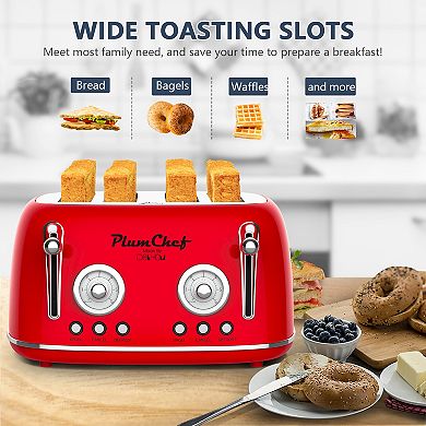 4 Slice Retro Toaster 13.7 Inch, Stainless Steel Dual Control Bagel Defrost For Kitchen