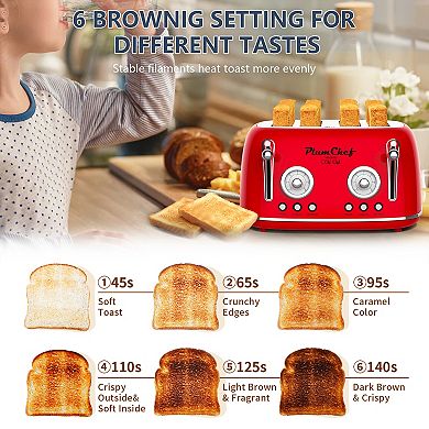 4 Slice Retro Toaster 13.7 Inch, Stainless Steel Dual Control Bagel Defrost For Kitchen