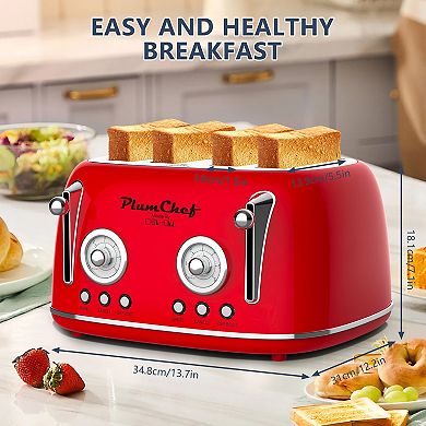 4 Slice Retro Toaster 13.7 Inch, Stainless Steel Dual Control Bagel Defrost For Kitchen