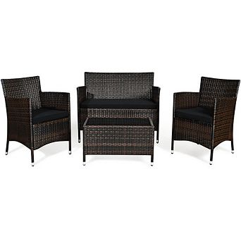 Outdoor Rattan Patio Furniture Set, 4 pc Wicker Sofa & Glass Table for Garden