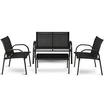 4 pc Patio Furniture Set with Glass Table, 42.5 Inch Loveseat & Chairs for Outdoor Seating