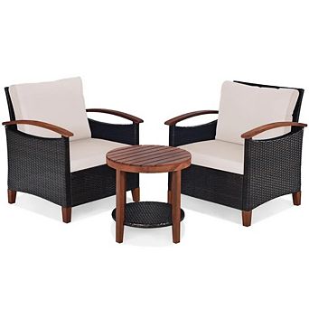 3 pc Rattan Patio Bistro Set with Acacia Wood Tabletop & Washable Cushions for Balcony