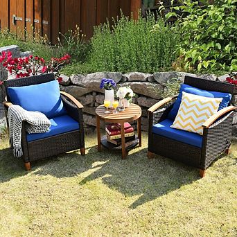 3 pc Rattan Patio Bistro Set with Acacia Wood Tabletop & Washable Cushions for Balcony