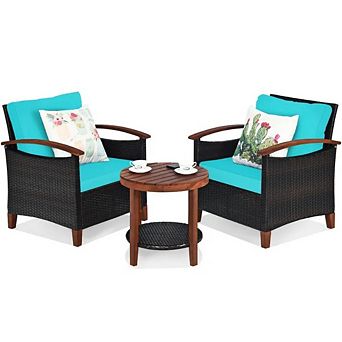 3 pc Rattan Patio Bistro Set with Acacia Wood Tabletop & Washable Cushions for Balcony