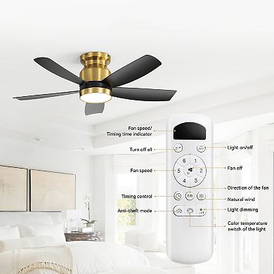42 Inch Flush Mount Ceiling Fan with LED Light and Remote for Home