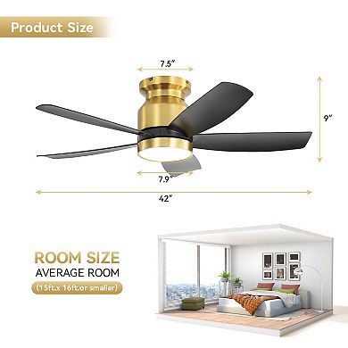 42 Inch Flush Mount Ceiling Fan with LED Light and Remote for Home