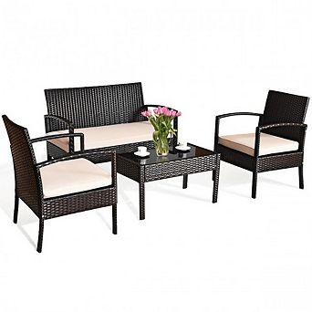 4 pc Patio Furniture Set, Outdoor Wicker Conversation Bistro Set for Backyard & Balcony