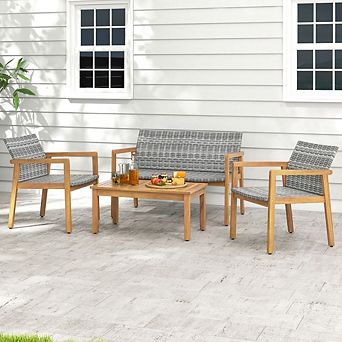 4 pc Patio Furniture Set - Wood Outdoor Conversation Set with Coffee Table