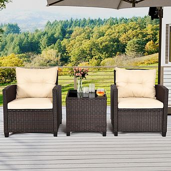 3 pc Outdoor Rattan Bistro Set, Patio Conversation Furniture with Glass Table & Cushions