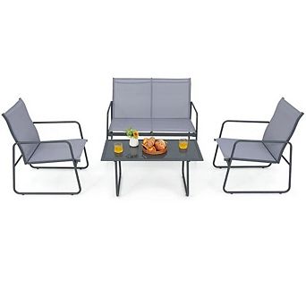 Outdoor Chat Set, 4 pc Metal Patio Furniture Set with Glass Table for Garden