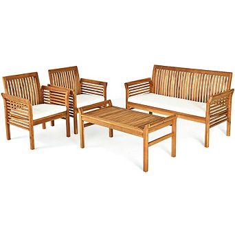 4 pc Outdoor Acacia Wood Sofa Set - Ergonomic Garden Conversation Furniture for Patio & Backyard