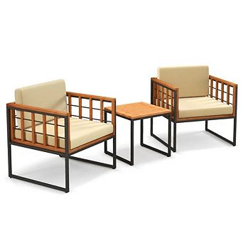 3 pc Acacia Wood Patio Chair Set, Metal Frame Outdoor Conversation Set