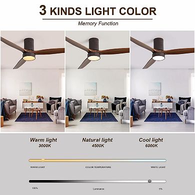 52 Inch Flush Mount Wood Ceiling Fan with LED Light and Remote for Living Room