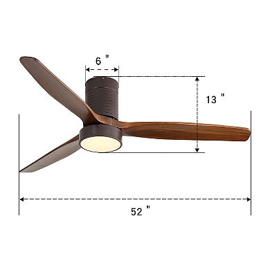 52 Inch Flush Mount Wood Ceiling Fan with LED Light and Remote for Living Room