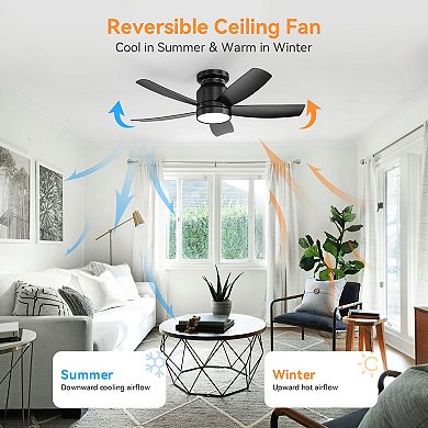 42 Inch Flush Mount Ceiling Fan with LED Light and Remote for Bedroom