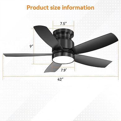 42 Inch Flush Mount Ceiling Fan with LED Light and Remote for Bedroom