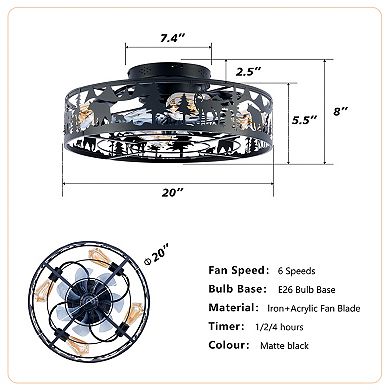 20 Inch Caged Ceiling Fan with Remote, 6 Speed Reversible Flush Mount Fan for Bedroom