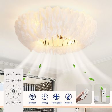 Feather Chandelier Ceiling Fan 20 Inch, Flush Mount for Living Room