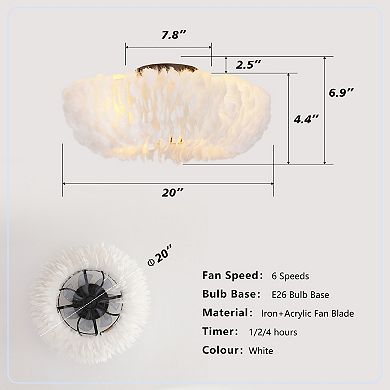 Feather Chandelier Ceiling Fan 20 Inch, Flush Mount for Living Room