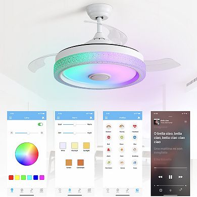 42 Inch Smart Retractable Ceiling Fan with Music Speaker and LED Light, for Bedroom