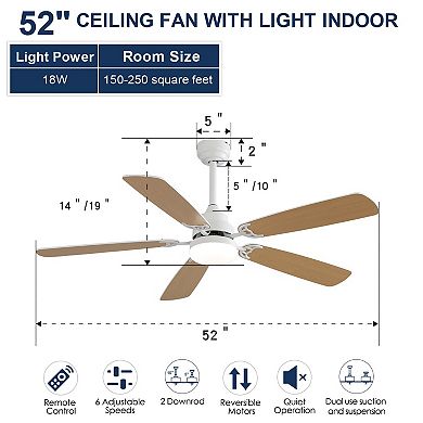 Modern 52 Inch Ceiling Fan with Light and Remote, for Living Room