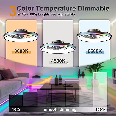 Loheer 23.6 Inch Flush Mount Ceiling Fan With Lights, Dimmable RGB App Control, For Bedroom