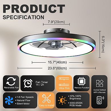 Loheer 23.6 Inch Flush Mount Ceiling Fan With Lights, Dimmable RGB App Control, For Bedroom