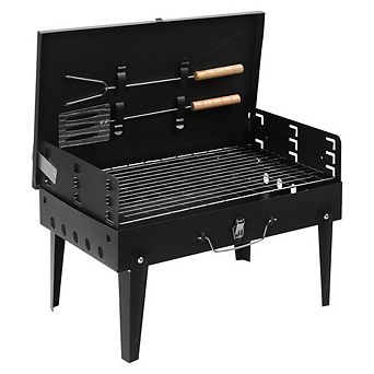 Portable Square Barbecue Grill with Lid, Adjustable Height Folding Camping BBQ Grill for Camping