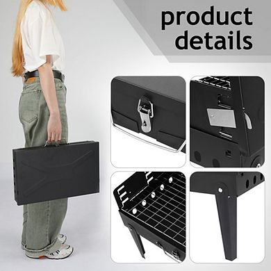 Portable Square Barbecue Grill with Lid, Adjustable Height Folding Camping BBQ Grill for Camping