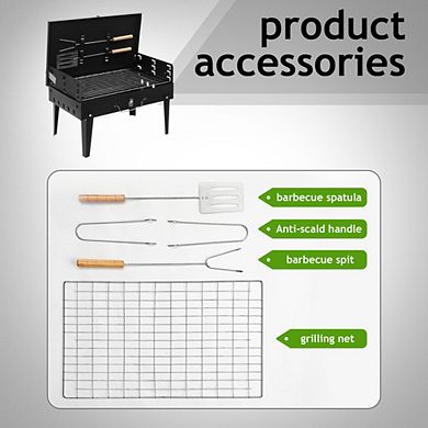 Portable Square Barbecue Grill with Lid, Adjustable Height Folding Camping BBQ Grill for Camping