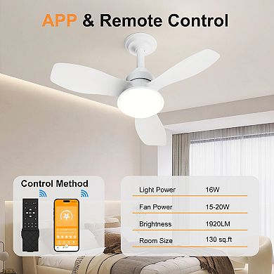 Loheer 24.4 Inch Flush Mount Ceiling Fan with Light, Dimmable LED & Remote for Bedroom