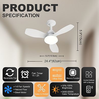 Loheer 24.4 Inch Flush Mount Ceiling Fan with Light, Dimmable LED & Remote for Bedroom