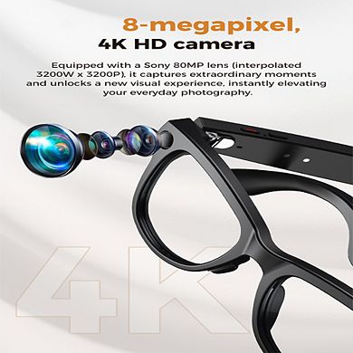 Bluetooth Smart Glasses 4K, 8MP Camera Calling, 3600mAh charge case, Translation,IP67 Waterproof
