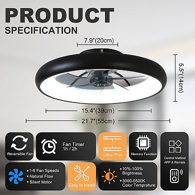 Loheer 21.7 Inch Low Profile Smart Ceiling Fan with Light - Dimmable Fandelier for Bedroom