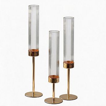 3 Pack Ribbed Glass Hurricane Candle Holders Gold Home Decor