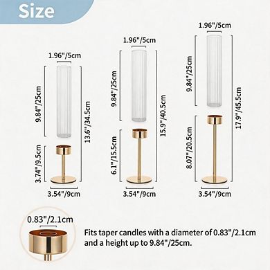 3 Pack Ribbed Glass Hurricane Candle Holders Gold Home Decor