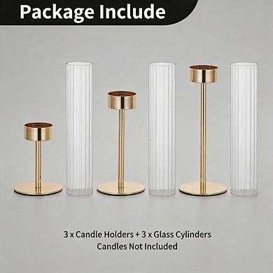 3 Pack Ribbed Glass Hurricane Candle Holders Gold Home Decor