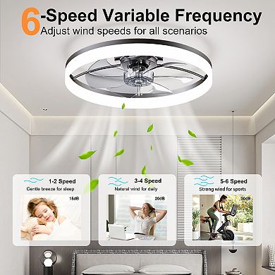 Loheer Modern Flush Mount Ceiling Fan 23.6-Inch Dimmable LED Light App Control for Bedroom