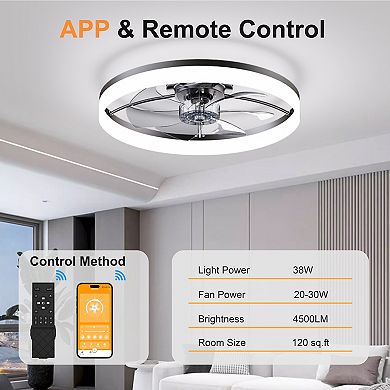 Loheer Modern Flush Mount Ceiling Fan 23.6-Inch Dimmable LED Light App Control for Bedroom