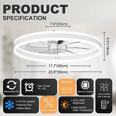 Loheer 23.6 Inch Smart Ceiling Fan with Light Dimmable LED Quiet DC Motor for Bedroom