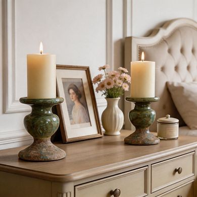 Distressed Green Terracotta Pillar Candle Holder
