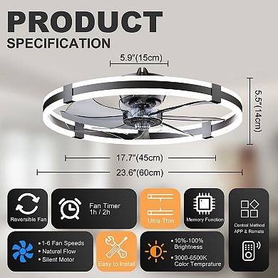 Loheer LED Ceiling Fan With Light 23.6 Inch Flush Mount Dimmable Remote For Bedroom Living Room