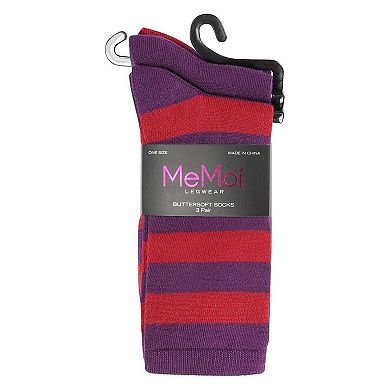 3 Pair Women's Buttersoft Crew Socks - Stripes and Solid Colors
