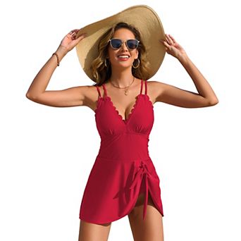 Charmo Women Sweet Scallop V Neck Wrap Tie Skirted One Piece Swimsuit