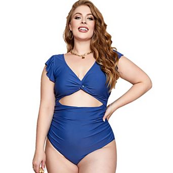 Charmo Women Stylish Twist Cutout Ruffle Sleeve Side Ruched Back Tie Plus Size One Piece Swimsuit