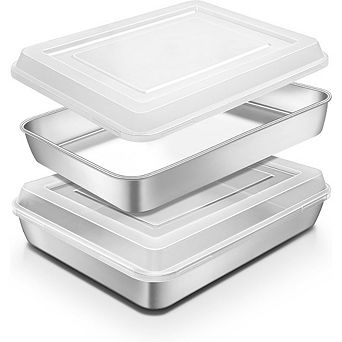 Zoulao 2-Pack 12.3"x9.7" Stainless Steel Baking Pans with Lids, Dishwasher & Oven Safe