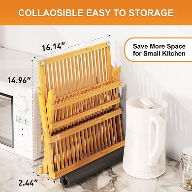 Bamboo Dish Drying Rack Large Collapsible Countertop Organizer Natural 3-Piece